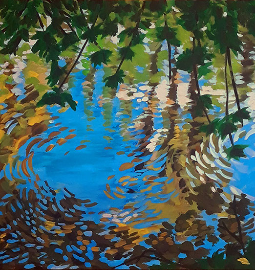 Acrylic art of river water reflecting the sky and trees