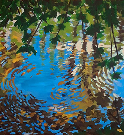 Acrylic art of river water reflecting the sky and trees