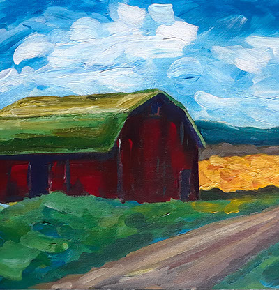modern acrylic painting of red barn with green roof