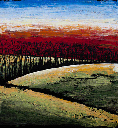 modern acrylic painting of sky and hills in olive greens and red and blue