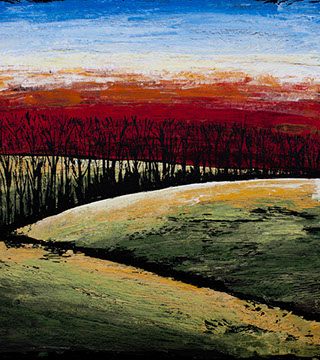 modern acrylic painting of sky and hills in olive greens and red and blue