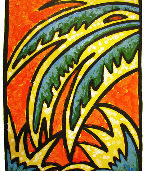 Gouache art of palm leaves in orange, yellow and green