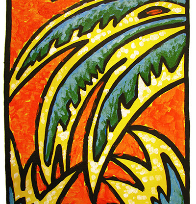 Gouache art of palm leaves in orange, yellow and green