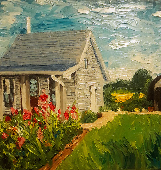 Modern oil painting on canvas of small cabin