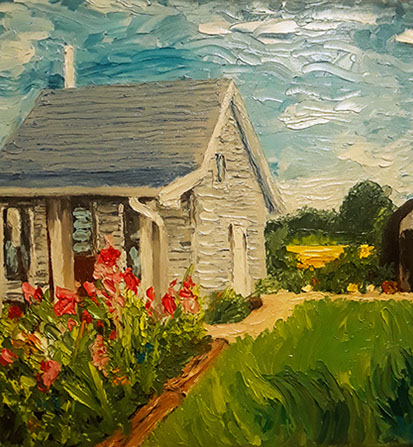 Modern oil painting on canvas of small cabin