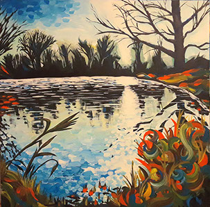 modern acrylic painting of lakeside in the late fall