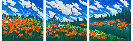 tiger lillies in a field with other flowers and big sky behind in orange, blue and dark greens with other colors splashed in