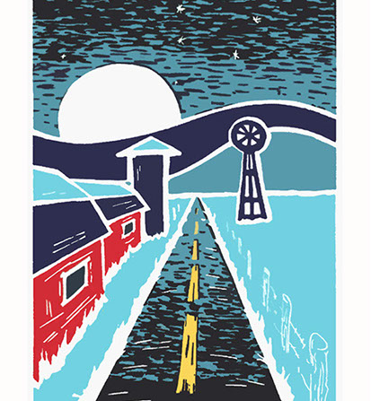 printmaking art of farm and rising moon and big dipper stars in blue and turquois.