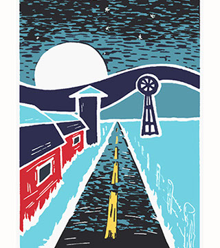 printmaking art of farm and rising moon and big dipper stars in blue and turquois.