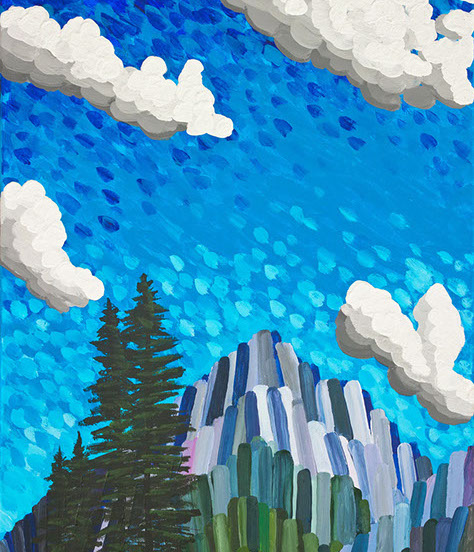 modern painting of mountain land and blue skies and clouds