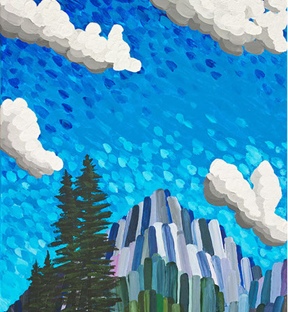 modern painting of mountain land and blue skies and clouds