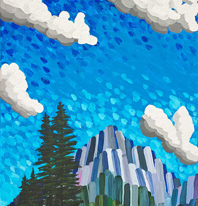 modern painting of mountain land and blue skies and clouds