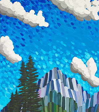 modern painting of mountain land and blue skies and clouds