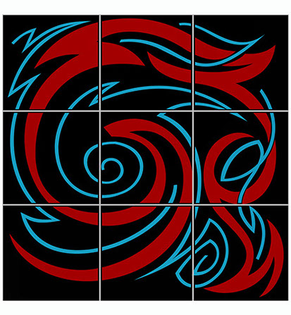 Abstract art design by Randall street in red, black and light blue.