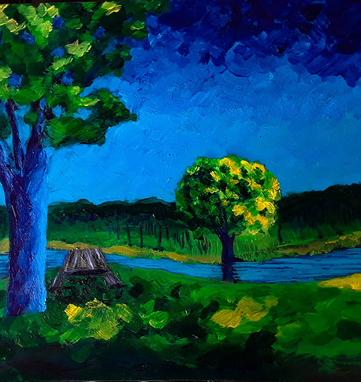 picnic table by the lake in blues and greens modern acrylic painting