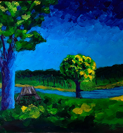 picnic table by the lake in blues and greens modern acrylic painting
