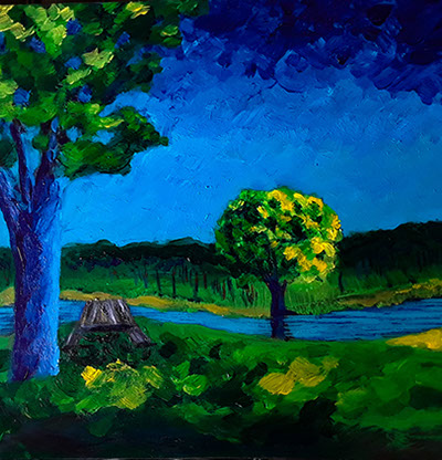 picnic table by the lake in blues and greens modern acrylic painting