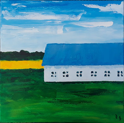 painting of white barn with blue roof and green field and yellow field